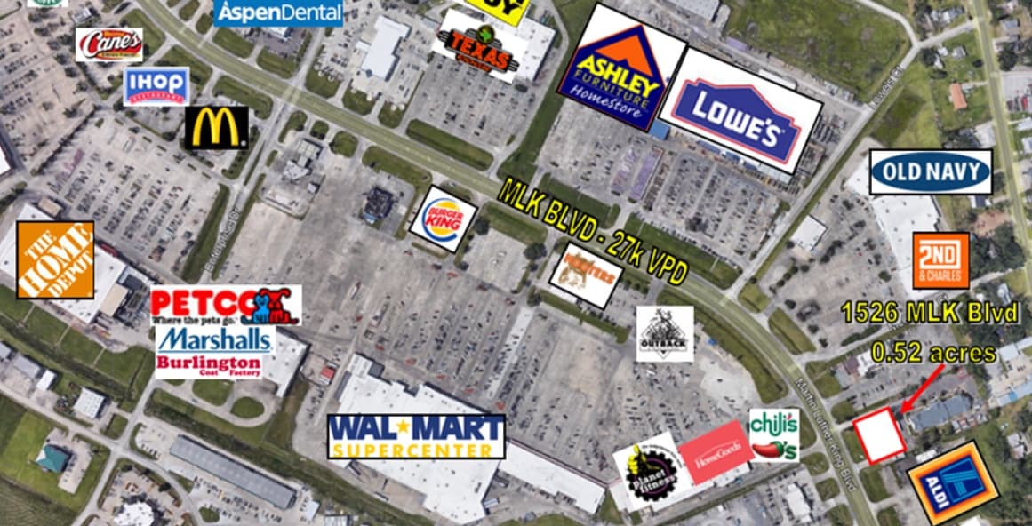 Aerial of the 0.52-acre site at 1526 MLK Blvd in Houma and the retail corridor around it